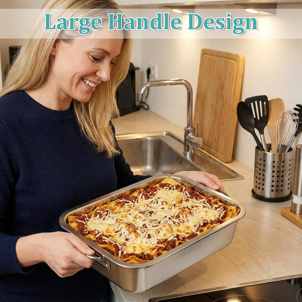 Skiennix 4-Inch Extra Deep Lasagna Pan - Nonstick Stainless Steel Baking Dish with Lid & Handles | 14x10.6 Inch Silver