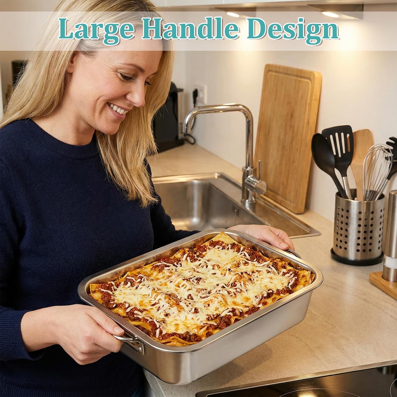 Skiennix 4-Inch Extra Deep Lasagna Pan - Nonstick Stainless Steel Baking Dish with Lid & Handles | 14x10.6 Inch Silver