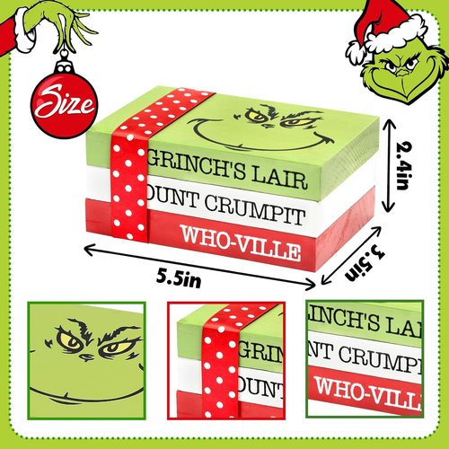 Grinch Christmas Decor - Wood Book Stack for Farmhouse Tiered Tray | Festive Home Table Decor