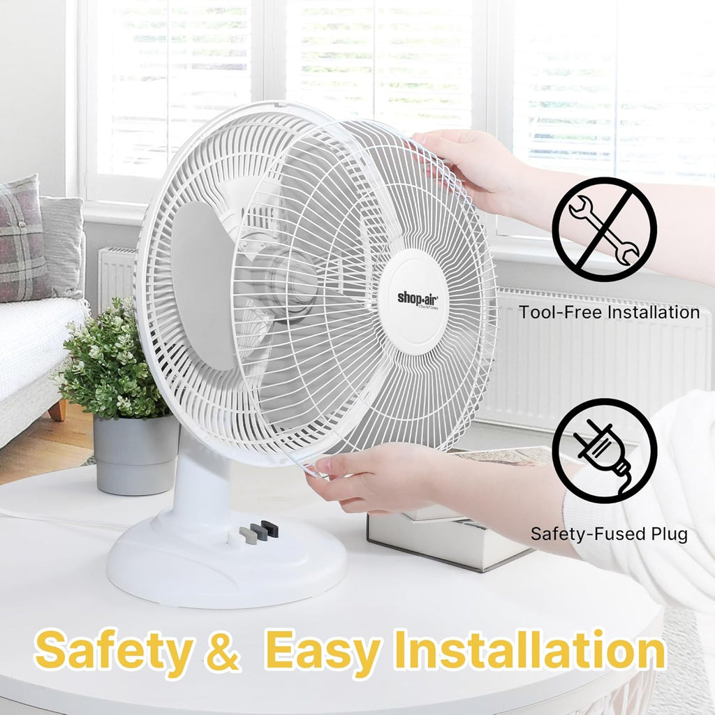 Shop-Air 12" Oscillating Table Fan - High-Velocity, Quiet Air Circulation | 3 Speeds & 70° Adjustable Tilt, White