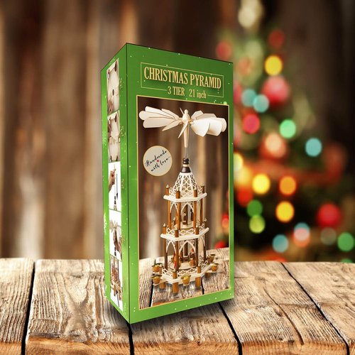 German Christmas Decoration Pyramid - 21-Inch Wooden Nativity Scene - 3-Tier Carousel with 6 Candle Holders | Holiday Tabletop Decor