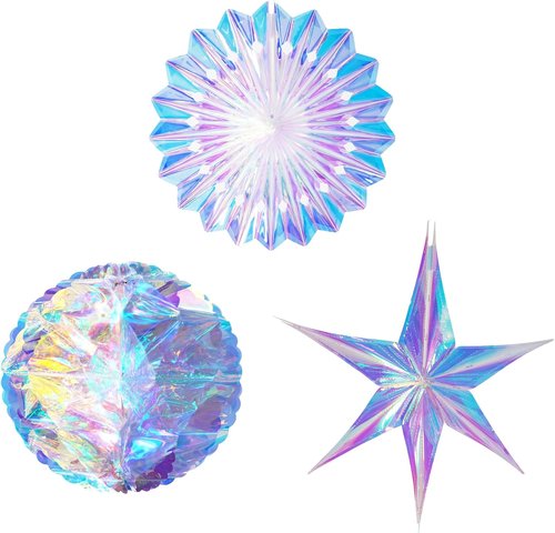 GREATRIL Iridescent Party Decorations - 3 PCS Honeycomb Balls, Paper Fans & Stars for Themed Events