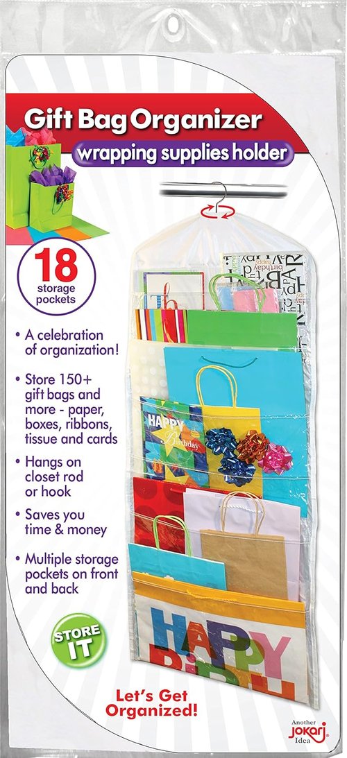 Jokari Gift Bag Organizer - Hanging Storage for Bags, Bows & Ribbons - Clear Pockets for Closet Organization