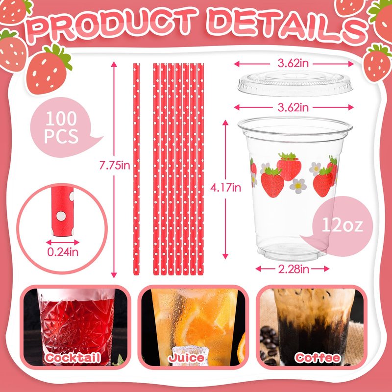 Blushtier 100 Set 12 oz Strawberry Disposable Plastic Cups with Lids and Straws Clear Strawberry Cups for Juice Water Coffee Tea Birthday Summer Fruit Party Supplies (Red)
