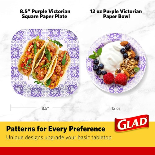 Glad Square Disposable Paper Plates - Heavy Duty, Soak Proof & Microwaveable | 8.5" Diameter, 50 Count
