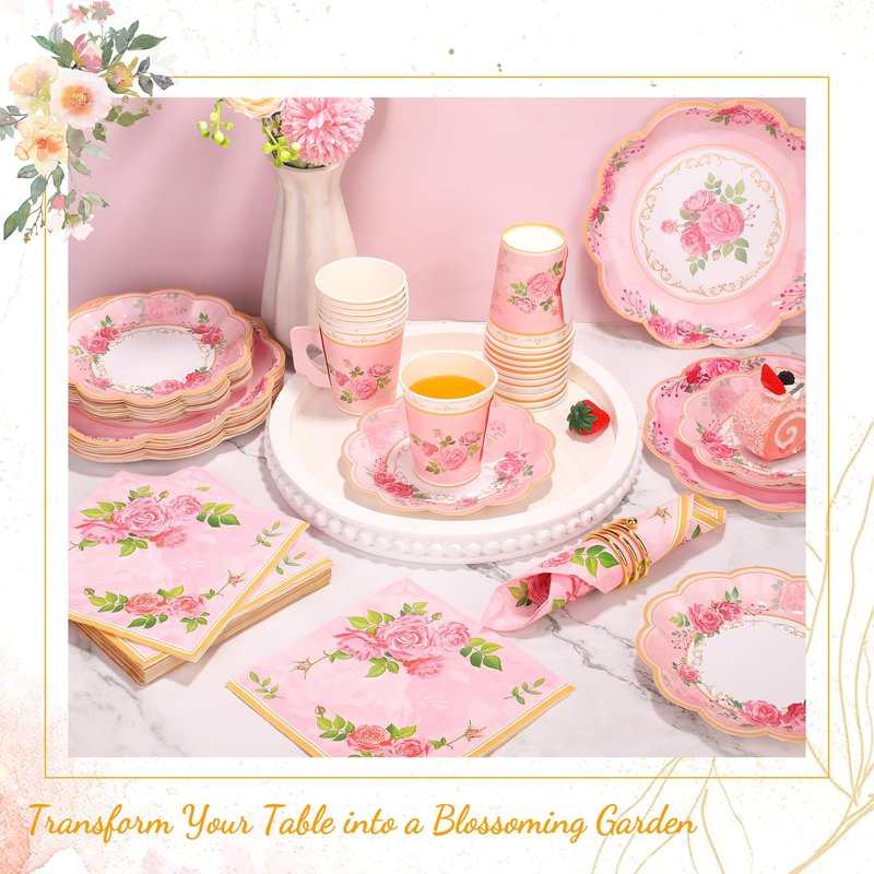 Kochorie 96 Pieces Floral Paper Tea Cups and Saucers 9 Oz Teacups with Handle 9 Inch and 7 Inch Paper Plates Saucers Napkins Disposable Tea Party Supplies Serve 24 for Wedding Baby Shower Party, Pink