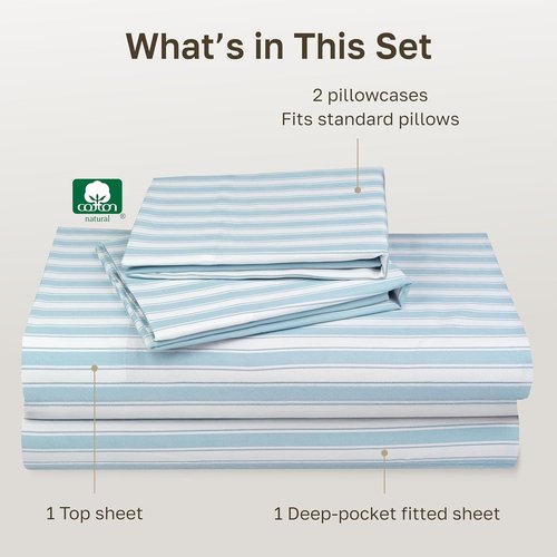 California Design Den 100% Cotton Full Size Sheets Set - 400 TC, Award-Winning Sateen Finish, Deep Pockets - Cape Stripe Blue