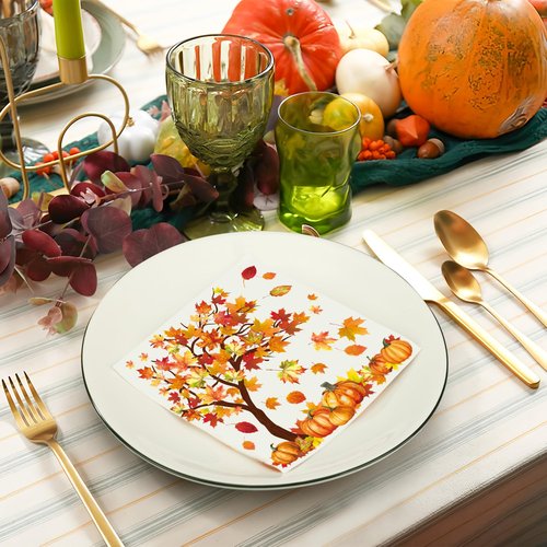 100 Pcs Fall Cocktail Napkins Fall Tree Paper Napkin 3 Ply Pumpkin Maple Leaves Party Dinner Napkins Disposable Autumn Beverage Napkin for Thanksgiving Autumn Harvest Party Supplies Table Decor