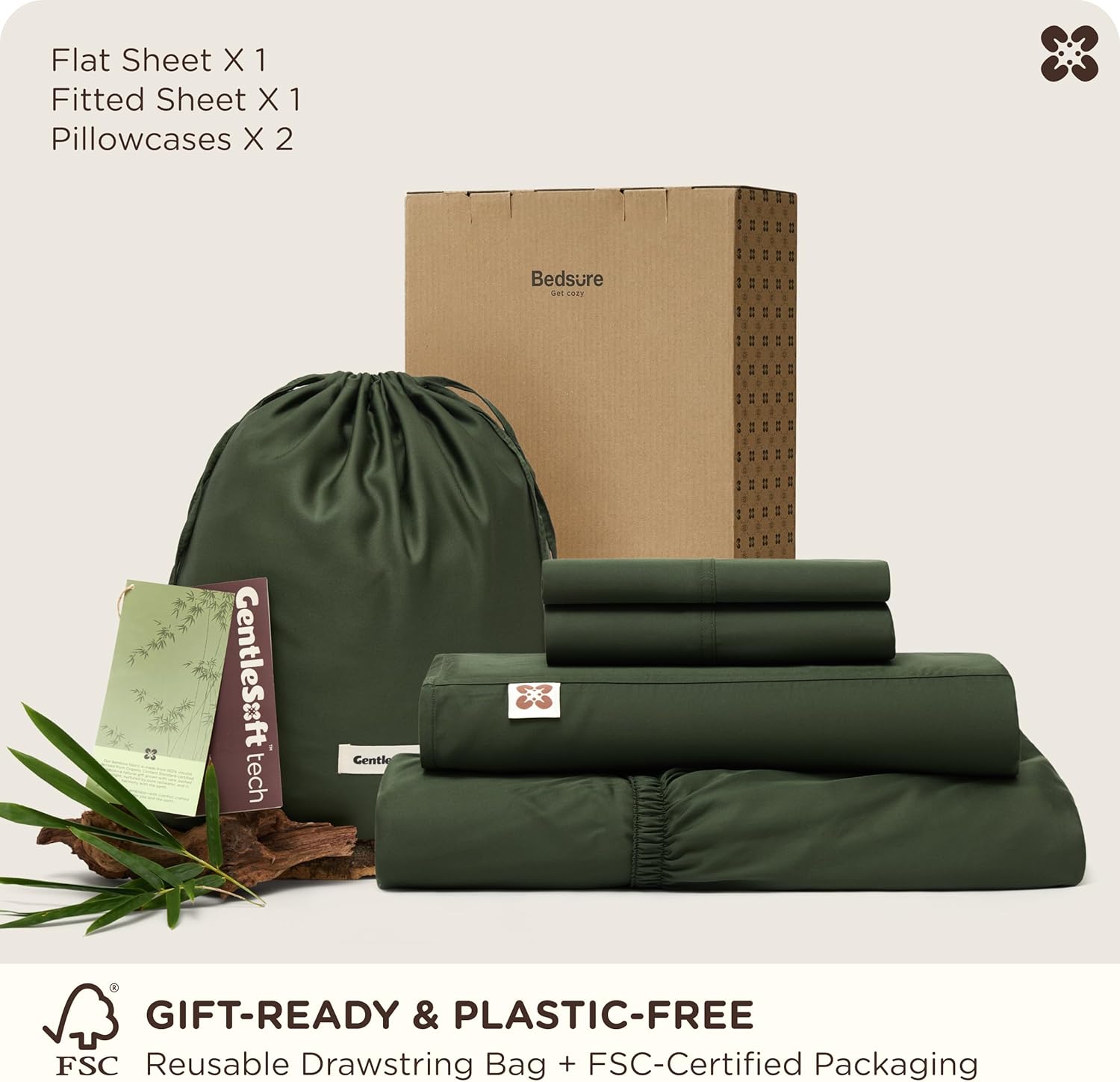 Bedsure Bamboo Viscose Queen Sheet Set - Cooling Luxury Bedsheets for Hot Sleepers | 18" Deep Pocket | Oeko-Tex Certified [Olive Green]