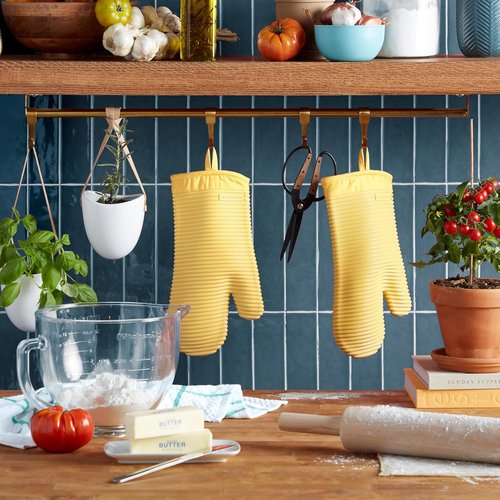 KitchenAid Ribbed Soft Silicone Oven Mitts - 2-Pack Set in Butter Yellow | 7.5"x13" Size