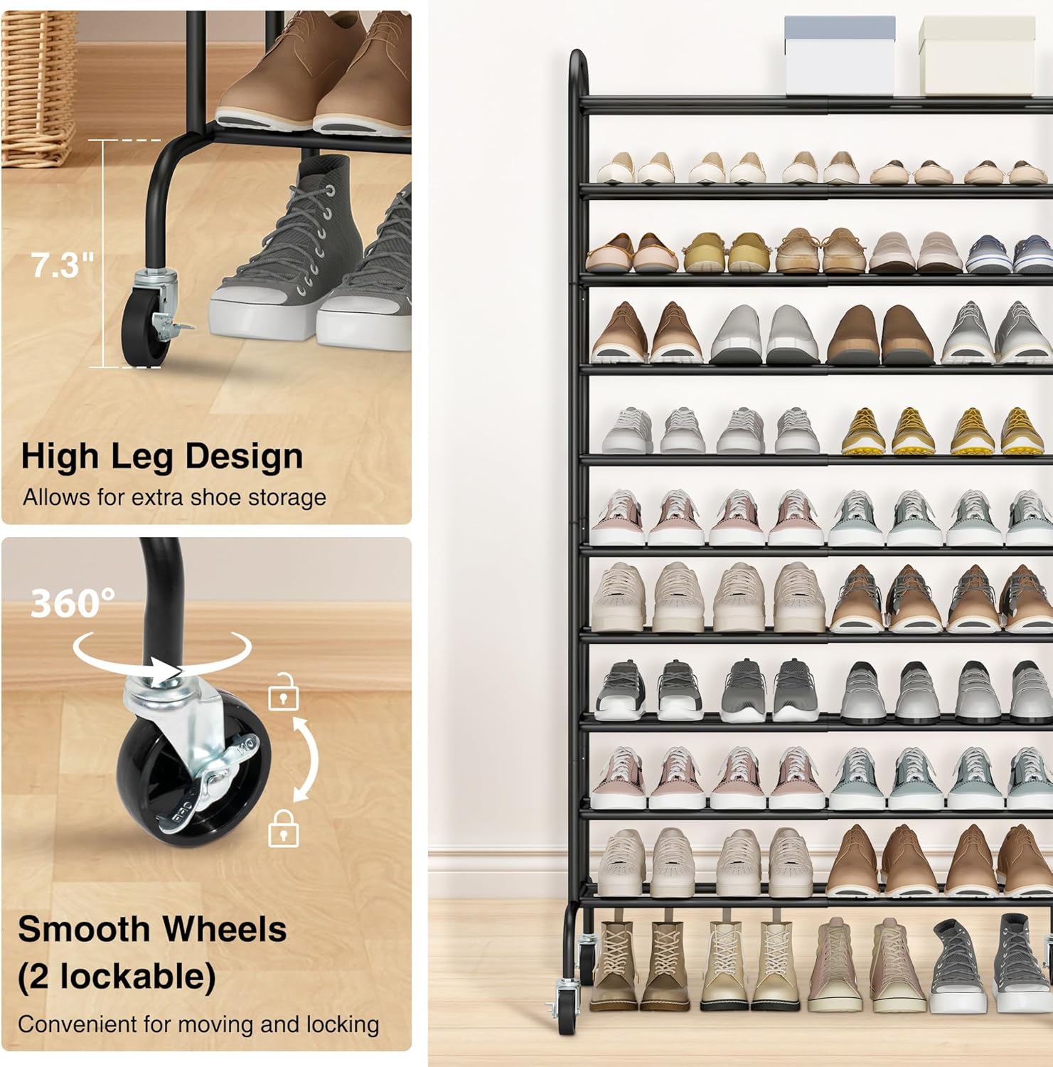 STO STO Expandable Shoe Rack - 10-Tier Metal Organizer for Up to 44 Pairs | Adjustable Storage in Black