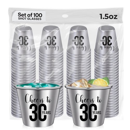 Cheer to 30 Stainless Steel Shot Glasses – Set of 100, 1.5oz, 30th Birthday Party Favors and Decorations, Dirty Thirty Gifts for Men and Women