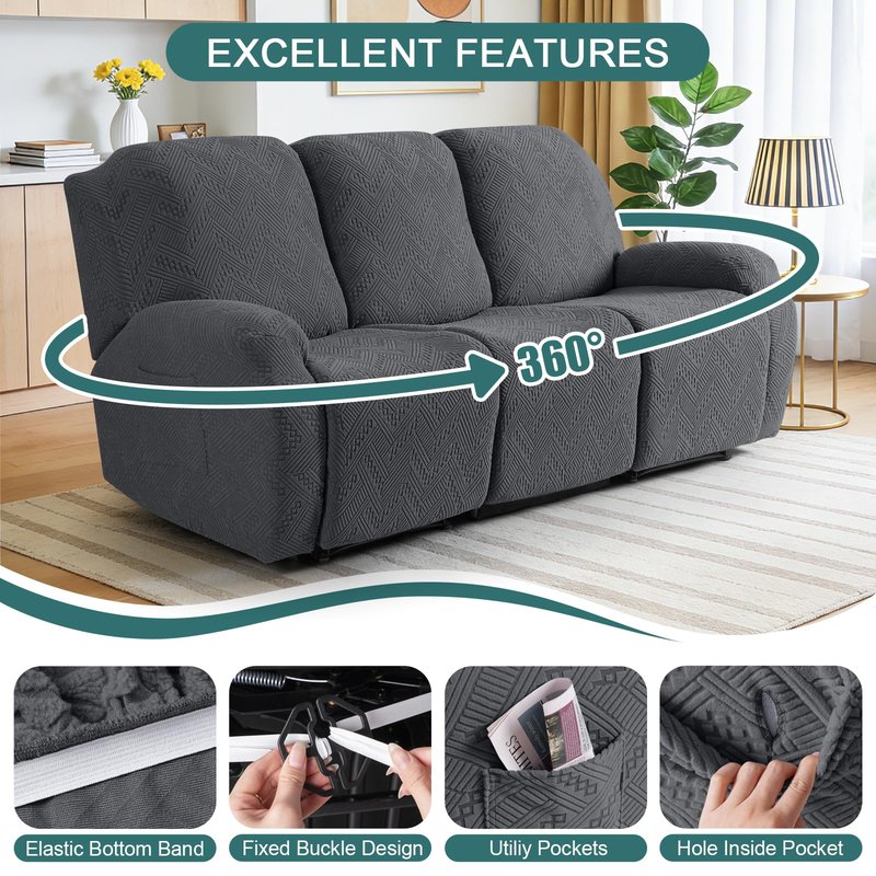 Ruaozz Recliner Sofa Covers Recliner Chair Covers Couch Covers for Reclining Couches with Pockets Washable Furniture Protector with Elastic Bottom (3 Seater, Dark Gray)