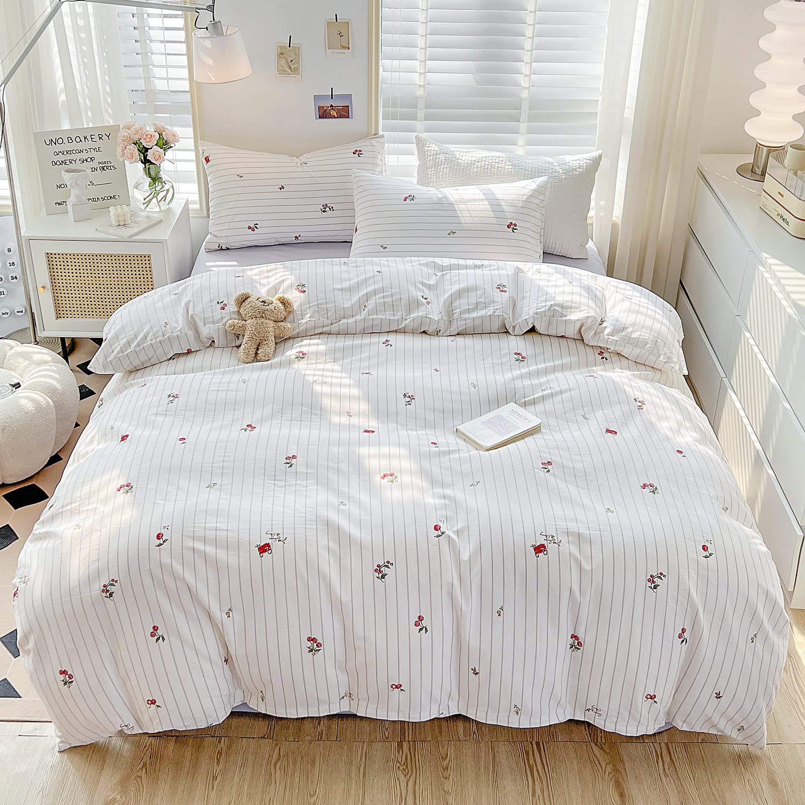 BlueBlue Cherry Kids Duvet Cover Set Queen 100% Cotton Bedding for Boys Girls Teens Cartoon Red Cherries Floral Pattern on Striped White 1 Cute Fruit Full Comforter Cover 2 Pillow Shams, Queen