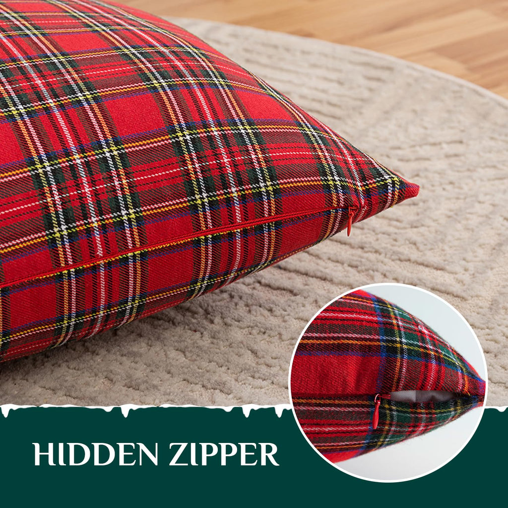 Softalker Christmas Pillow Cover 18x18 Set of 4 - Red Tartan Checkered Throw Pillow Cover, Farmhouse Buffalo Plaid Xmas Decorative Cushion Case for Couch Sofa, Christmas Holiday Decor