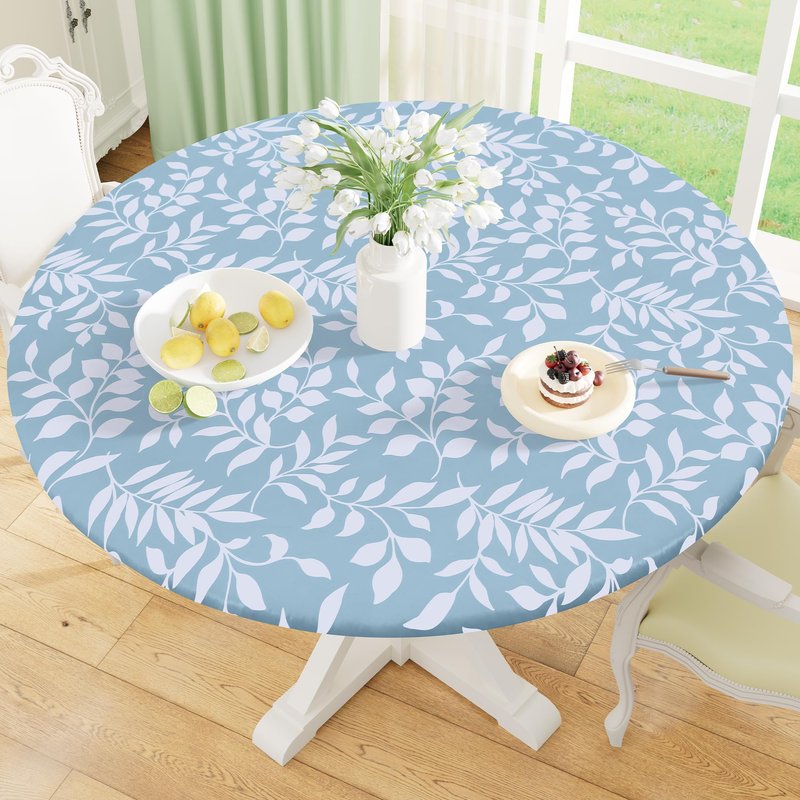 misaya Round Fitted Tablecloth with Elastic Edge, 100% Waterproof Oil Proof Plastic Table Cover, Vinyl Flannel Backed Tablecloth Fits 36"-44" Round Tables for Dinner, Outdoor, Picnic, Pumpkin