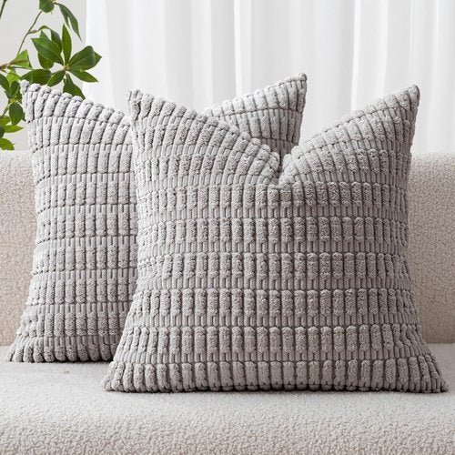 MIULEE Corduroy Throw Pillow Covers - Soft Boho Striped Design | 20x20 Inch Light Grey for Modern Home Decor