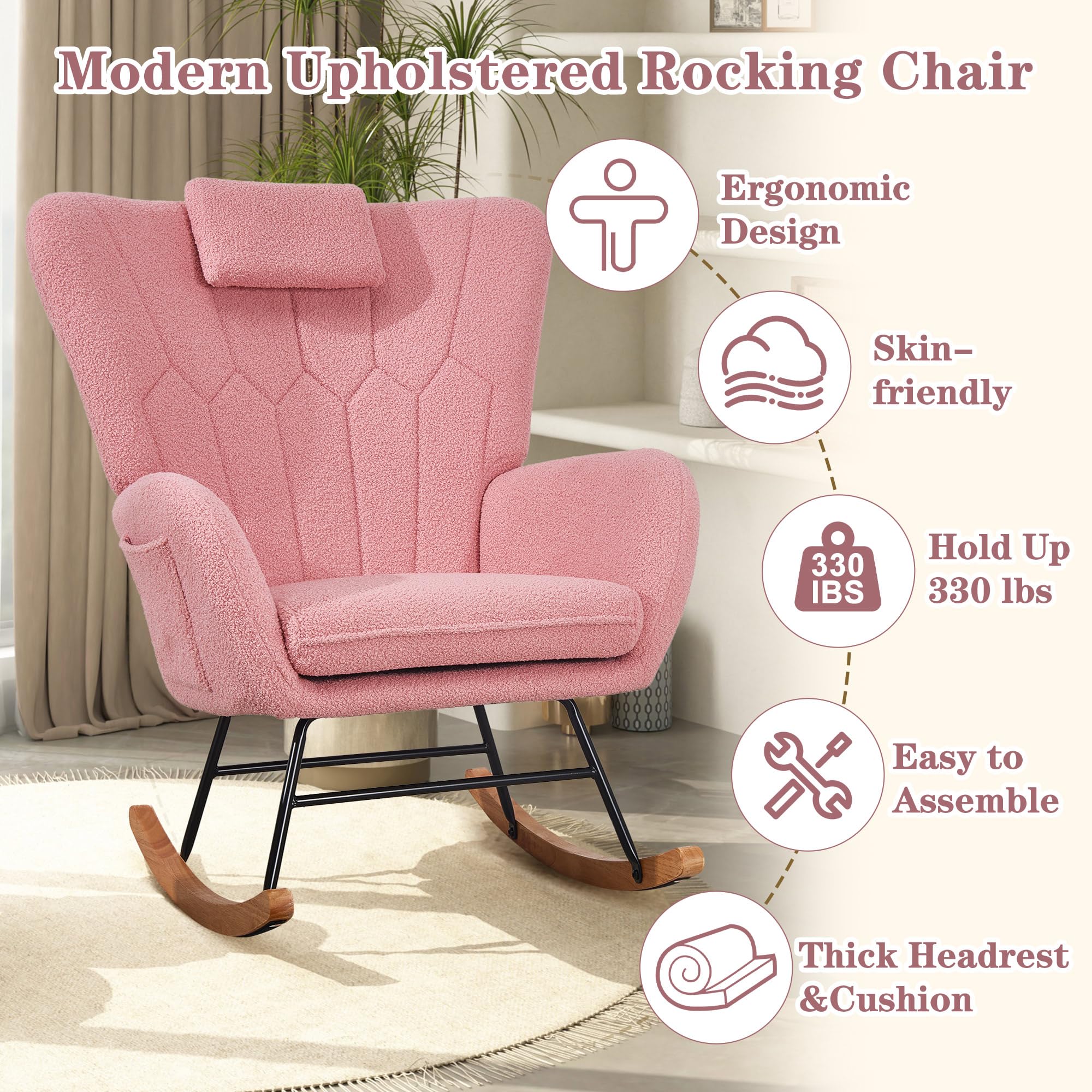 VECELO Rocking Chair Nursery with Thick Headrest, Modern Teddy Upholstered Reading Glider Rocker Accent Armchair with High Backrest, Padded Seat, Side Pocket, for LivingRoom, Bedroom, Baby Room, Pink
