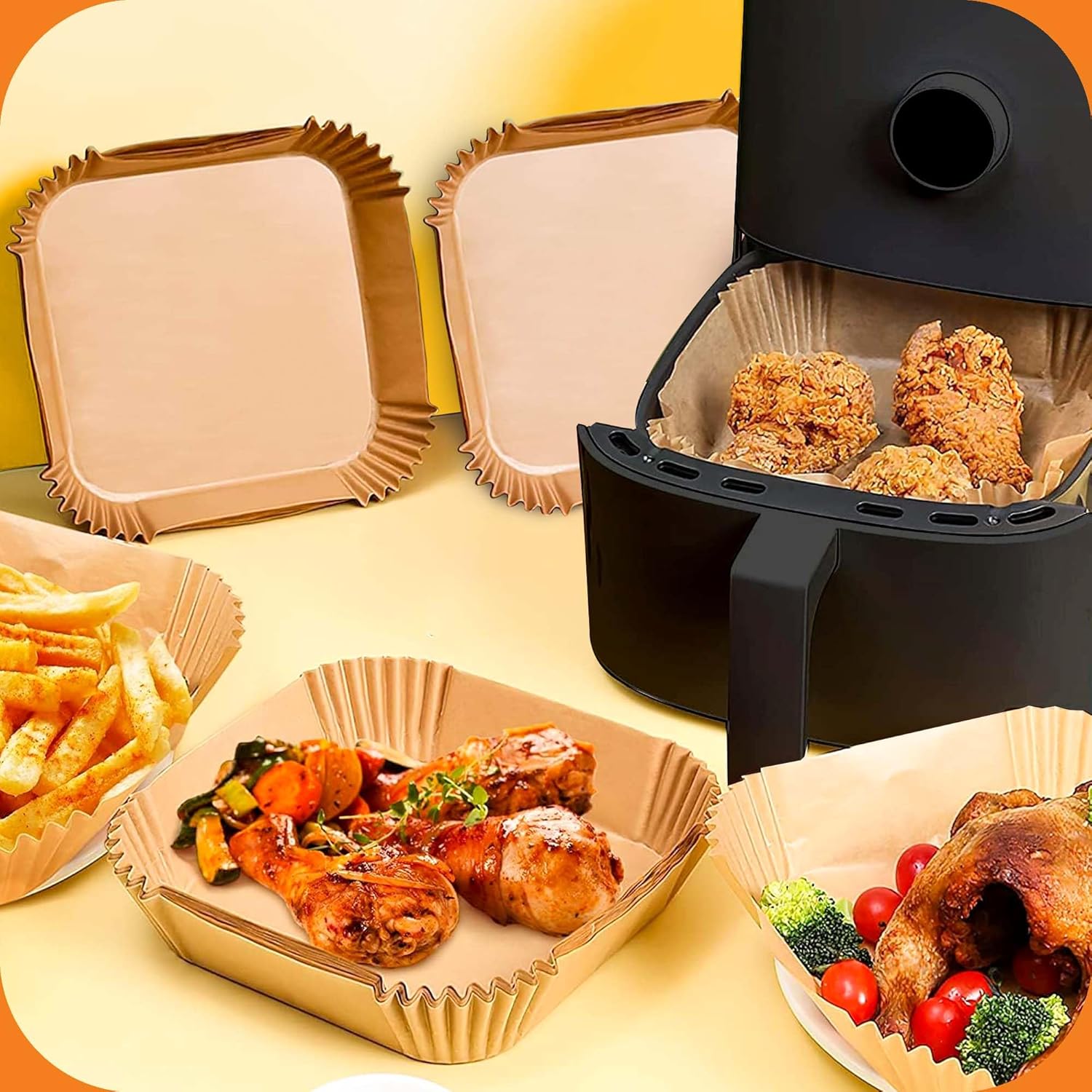 UrbanAir Air Fryer Paper Liners - 125 Non-Stick, Heat-Resistant Sheets for Easy Cleanup | 6.5-Inch Size