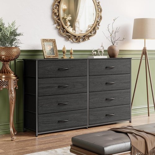 Furnulem Wide Dresser - 8 Fabric Drawers & Wood Top - Stylish Storage for 55'' TV | Black Oak