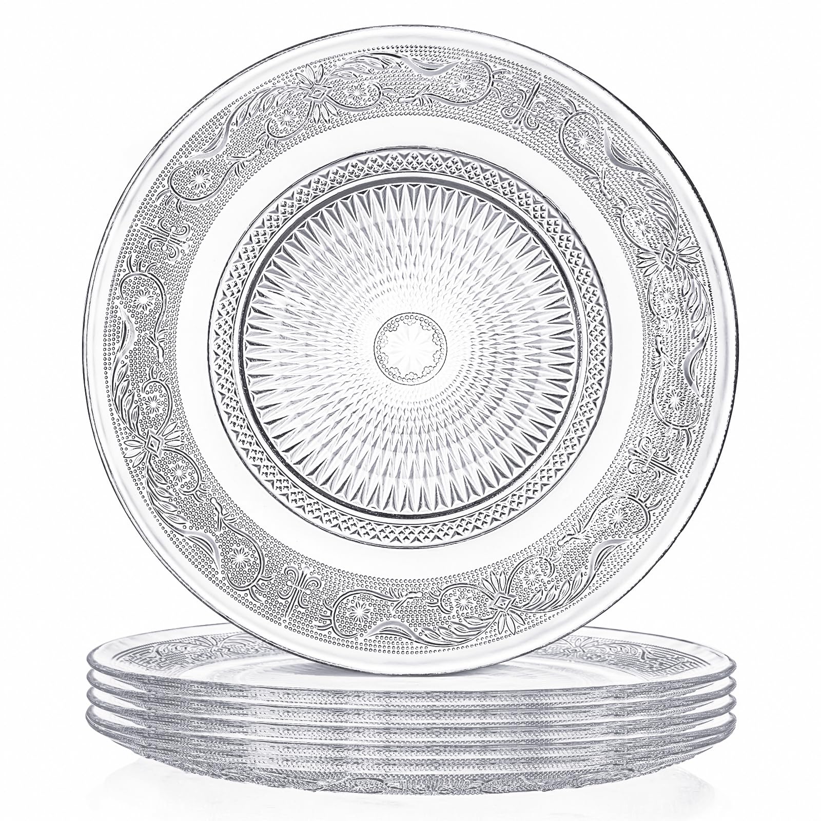 Elsjoy 6 Pack 10 Inch Large Glass Dinner Plate, Clear Round Serving Plate Vintage Embossed Dinnerware for Salad, Pasta, Fruits