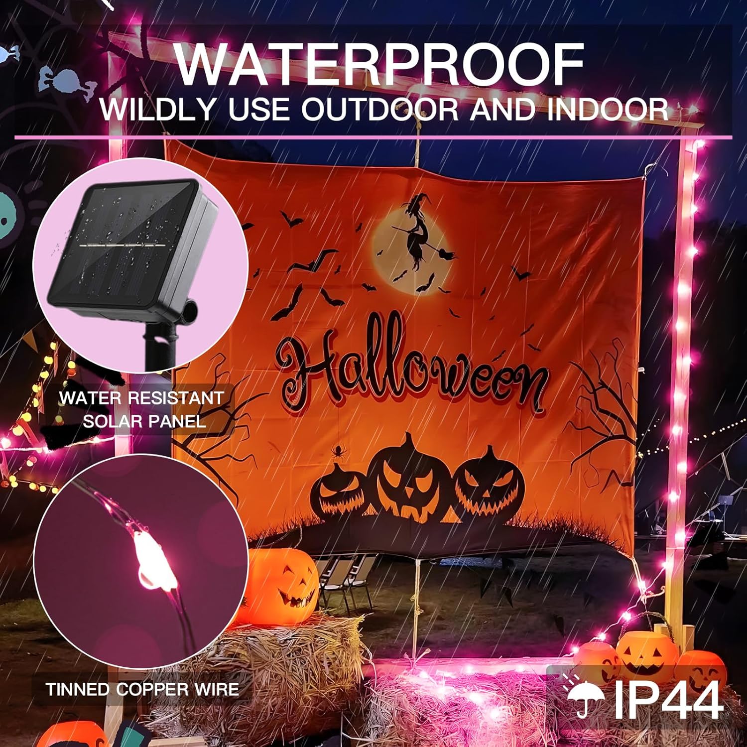 Suddus Pink Solar String Lights - 66ft 200 LED Fairy Lights | 8 Modes for Outdoor Halloween Decor