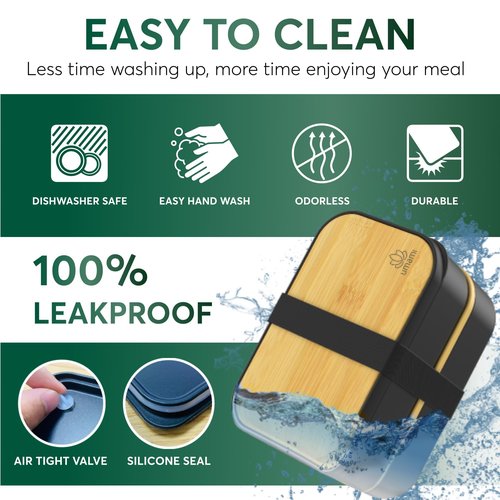Umami Bento Box Adult All-In-1 w/4 Utensils, 2 Sauce Jars 2 Dividers, Bamboo Lid, 100% Leakproof, Microwave & Dishwasher Safe Stackable Bento Lunch Box Containers for Men/Women, Black Beige, 68 oz