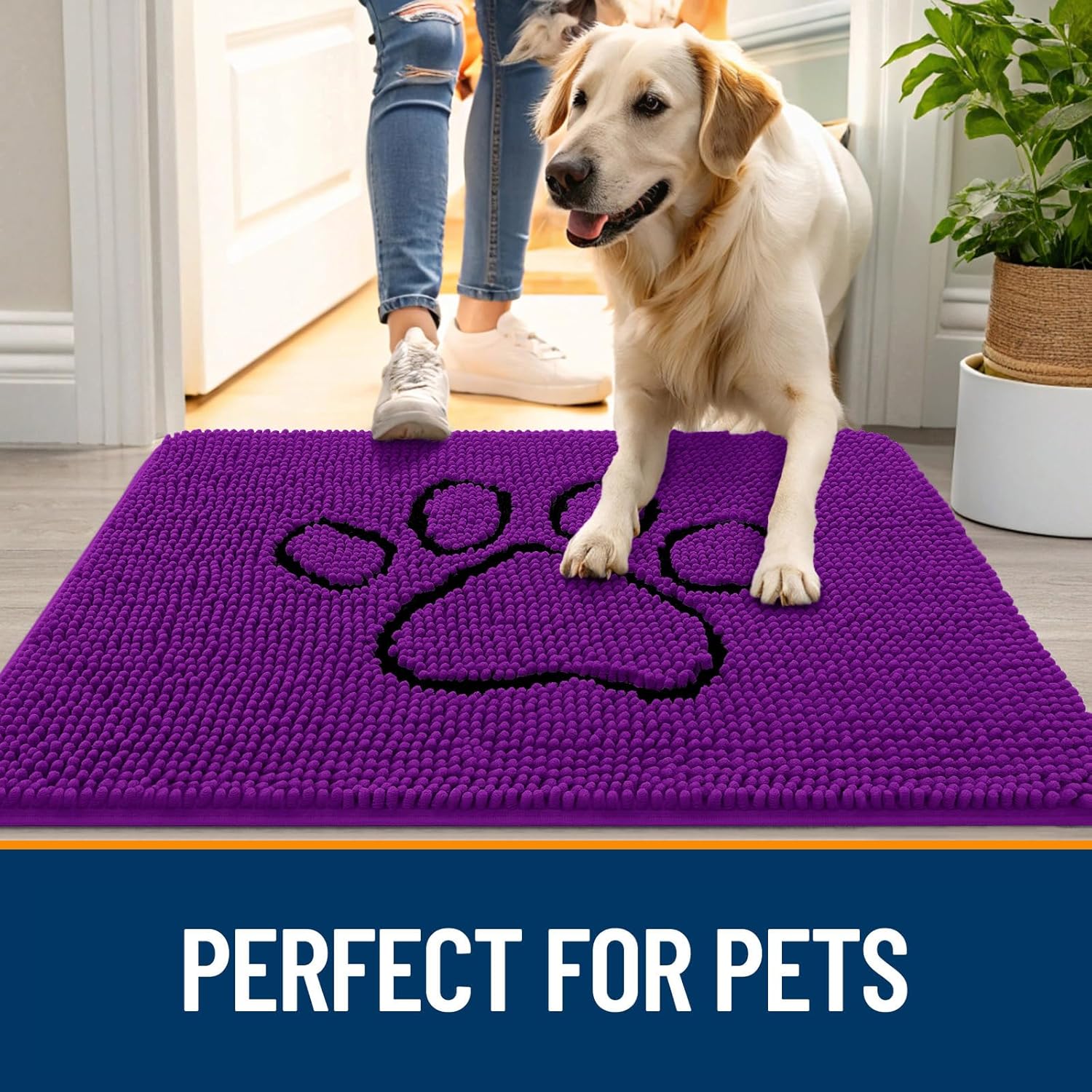 OLANLY Dog Door Mat - Absorbent Non-Slip Muddy Paws Mat | Quick Dry Chenille, 30x20, Purple