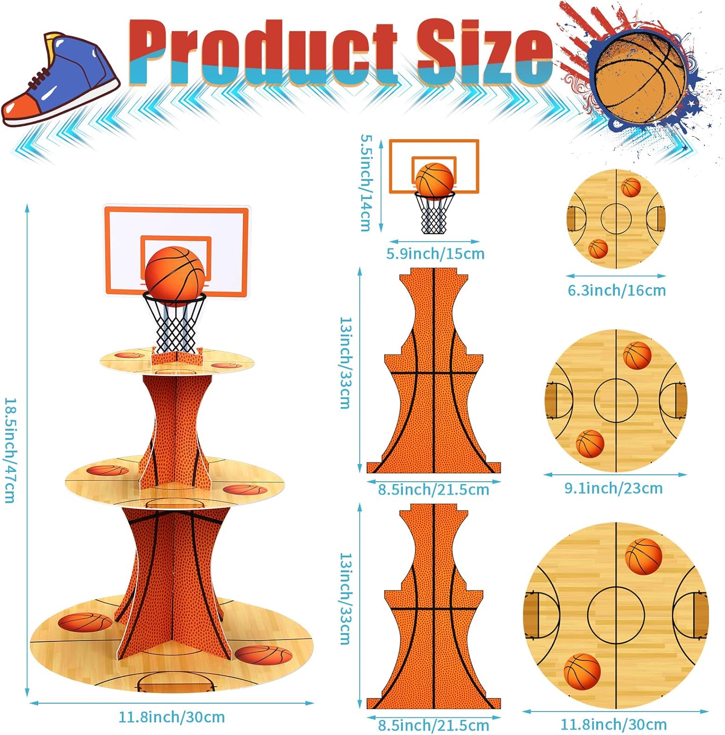 Nuenen Basketball Cupcake Stand - 3-Tier Sports Theme Party Decor for Birthday Celebrations