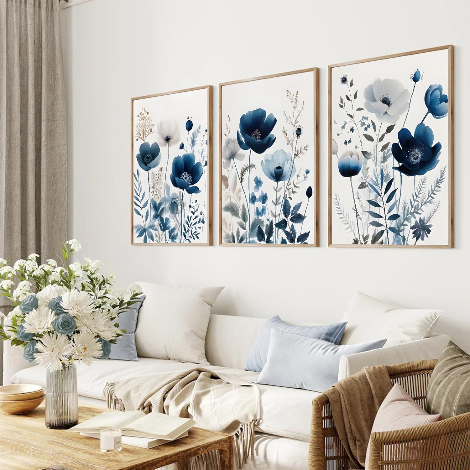 Skiennix 3Pcs Flower Canvas Wall Art - Navy Blue Wildflower Watercolor Prints | Modern Boho Decor 16x24in