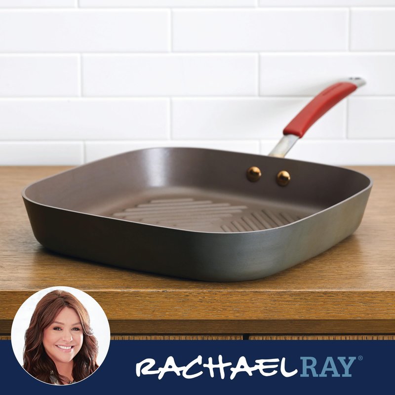 Rachael Ray Cucina Hard-Anodized Nonstick 11-Inch Deep Square Grill Pan, Gray with Cranberry Red Handle - 87632