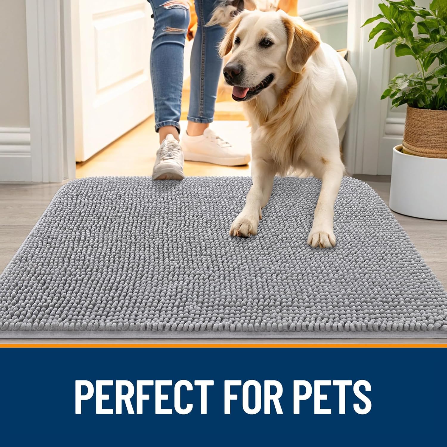 OLANLY Dog Door Mat - Absorbent Non-Slip Mud Mat for Indoor Use | Quick Dry Chenille, 40x24, Light Grey