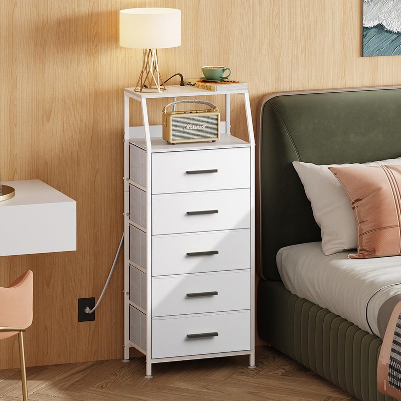 NASHZEN Nightstand 5 Drawer Dresser with Charging Station, Side Table with Fabric Drawers, End Table with Open Shelf, Tall Dresser for Bedroom, Hallway, Entryway