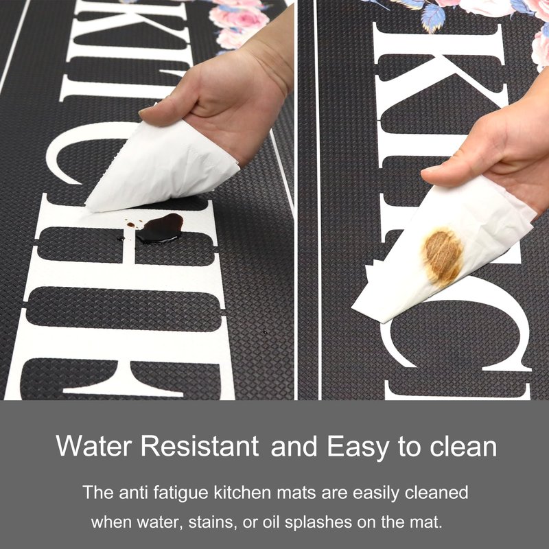 Floral Kitchen Mat Sets 2PCS Non Skid Waterproof Kitchen Rugs and Runner Sets Cushioned Anti-Fatigue Comfort Mat for Home,Office Memory Foam Kitchen Rug, 17.3"x30"+17.3"x47", Black/Pink