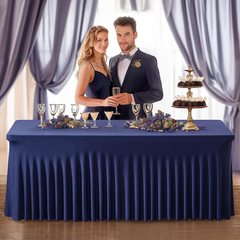 PARTISKY 2 Pack Navy Blue Table Cover for Rectangle Tables 8ft,One-Piece Spandex Elastic Table Cloth with Skirt for Wedding Folding Table Banquet Baby Shower & Birthday Parties