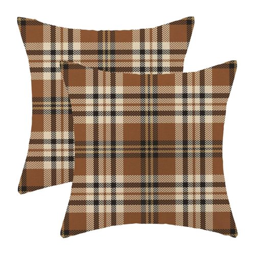 Jecuwo Fall Pillow Covers 18x18 Inch Set of 2, Autumn Thanksgiving Harvest Outdoor Decorative Throw Pillowcase Brown Plaids Cushion Cover for Sofa Couch Farmhouse Living Room Bed Decor