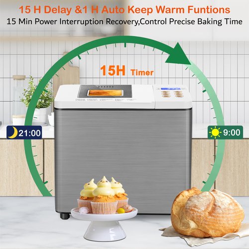 19-in-1 Stainless Steel Bread Maker With Smart Dual Heaters, Quiet Bread Machine with 15H Timer & 1H Keep Warm, Auto BreadMaker with Food-Grade Heat-Conductive Non-Stick Pan, Recipes for Gluten-Free