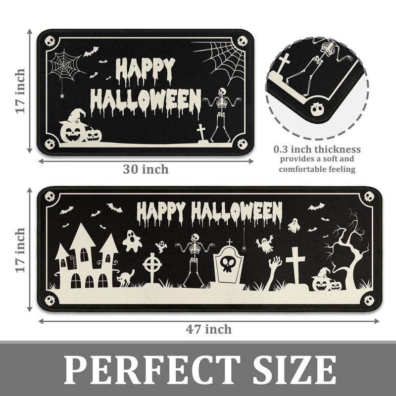OUXIOAZ Happy Halloweeen Skull Black Kitchen Rugs and Mats Set of 2, Bat Boo Pumpkin Halloween Farmhouse Party Floor Mat for Home Kitchen Decorations 17"x47"+17"x30"