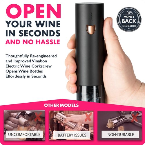 VINABON Electric Wine Opener - Updated 2026 One-Touch Automatic Wine Bottle Opener Corkscrew - Rechargeable (Up to 100 Bottles/Charge) with Foil Cutter Stand, LED Indicator. Includes Wine Guide eBook