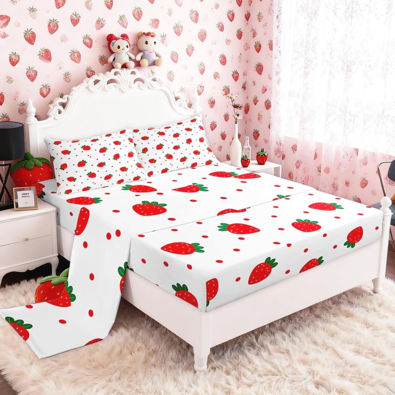 Cute Strawberry Bottom Sheet Full,Red Polka Dot Plants Nature Bedding Set 4pcs for Kids Teens Girls Bedroom Gift,Summer Fruits Sheet Set White Cartoon Fitted Sheet+Flat Sheet+2 Pillowcases