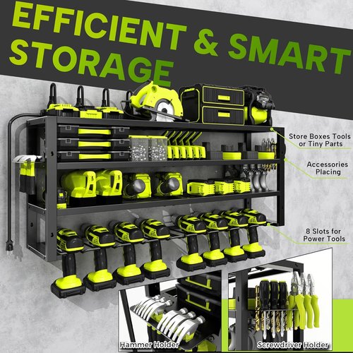 Large Power Tool Organizer by Heavy Duty Metal - Wall Mount with Charging Station & 8 Outlet Power Strip | Holds 420lbs