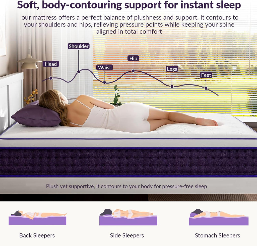 Skiennix 12-Inch Queen Mattress - Plush Hybrid with Cooling Gel Memory Foam | Cloud-Like Pressure Relief, Fiberglass-Free, 365-Night Trial