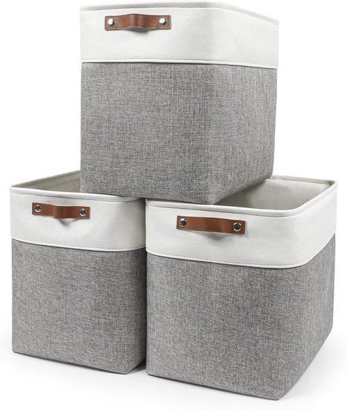 Bagnizer Large Fabric Storage Baskets - 50L Decorative Linen Bins with Handles for Organizing | 17x12x15 Inches (Grey & White)