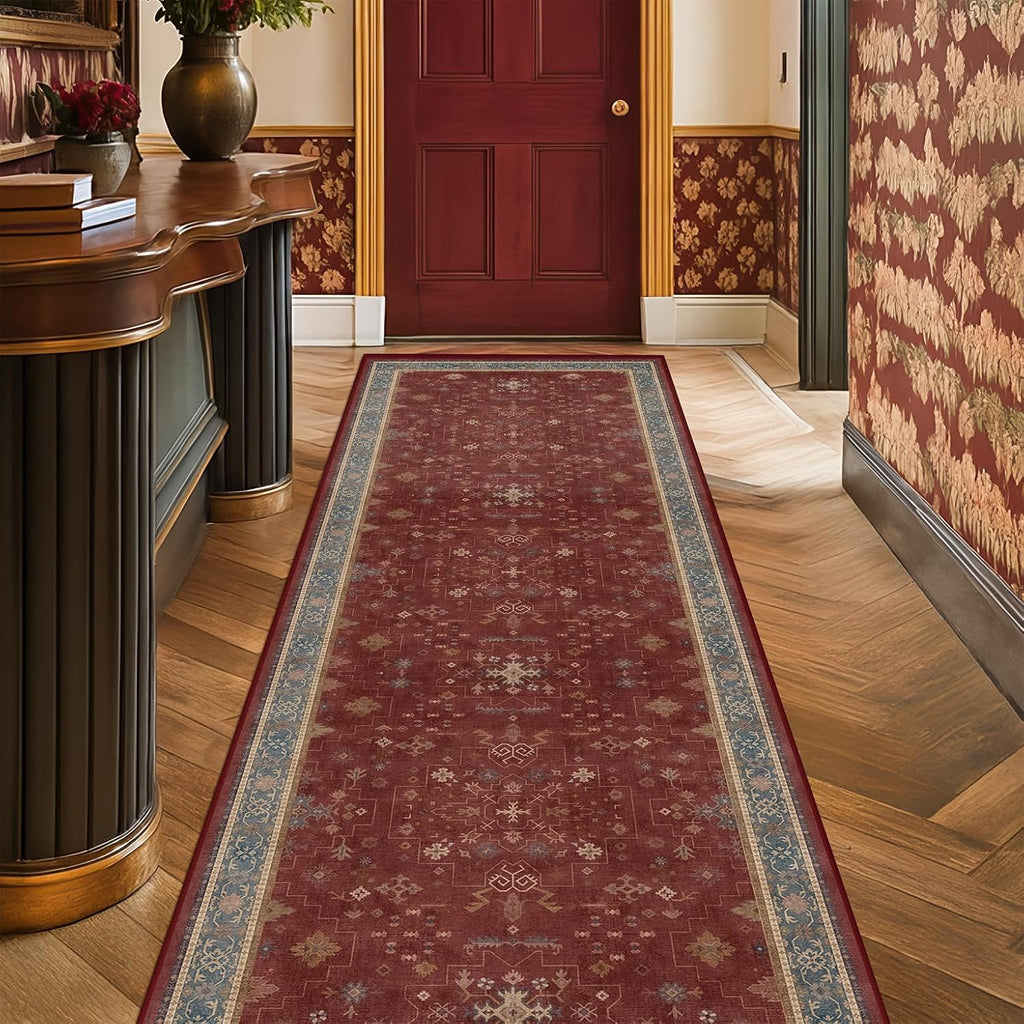 Turkish Kitchen Runner Rugs - Non-Skid Washable Design for Hallway, Bedroom & Bathroom | Dark Red