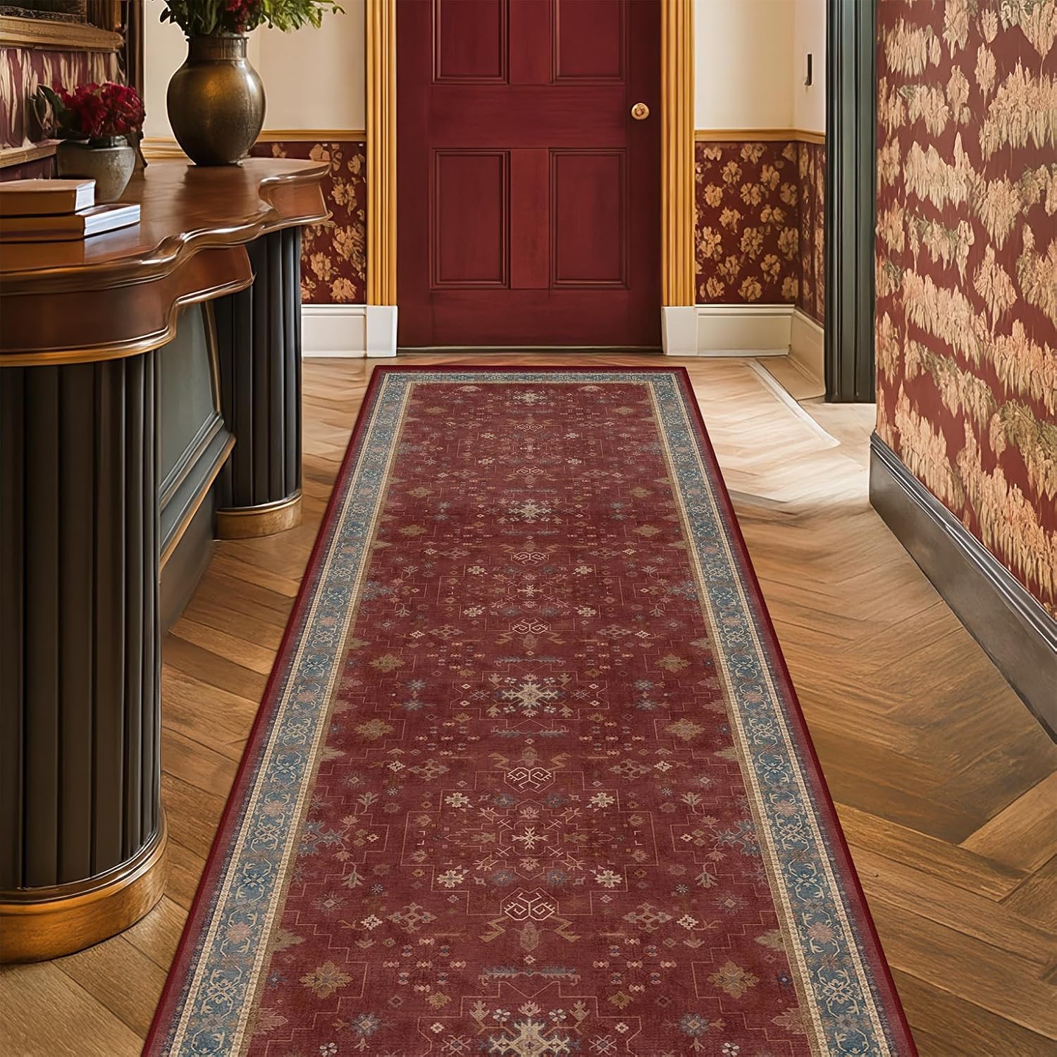 Turkish Kitchen Runner Rugs - Non-Skid Washable Design for Hallway, Bedroom & Bathroom | Dark Red