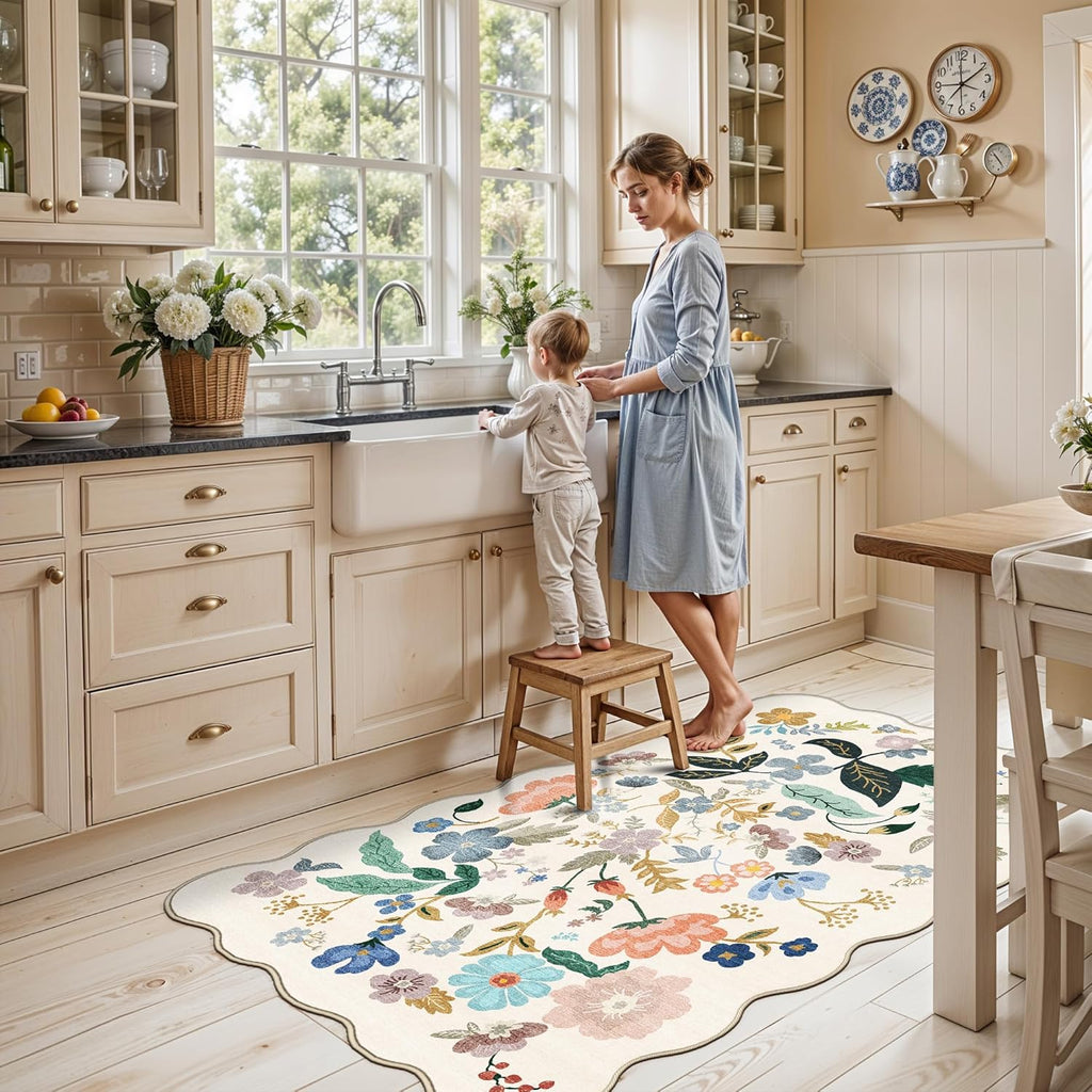 Skiennix Washable 3x5 Area Rug - Ultra Soft Floral Design | Lightweight Anti-Slip Doormat for Indoor Use (Cream)