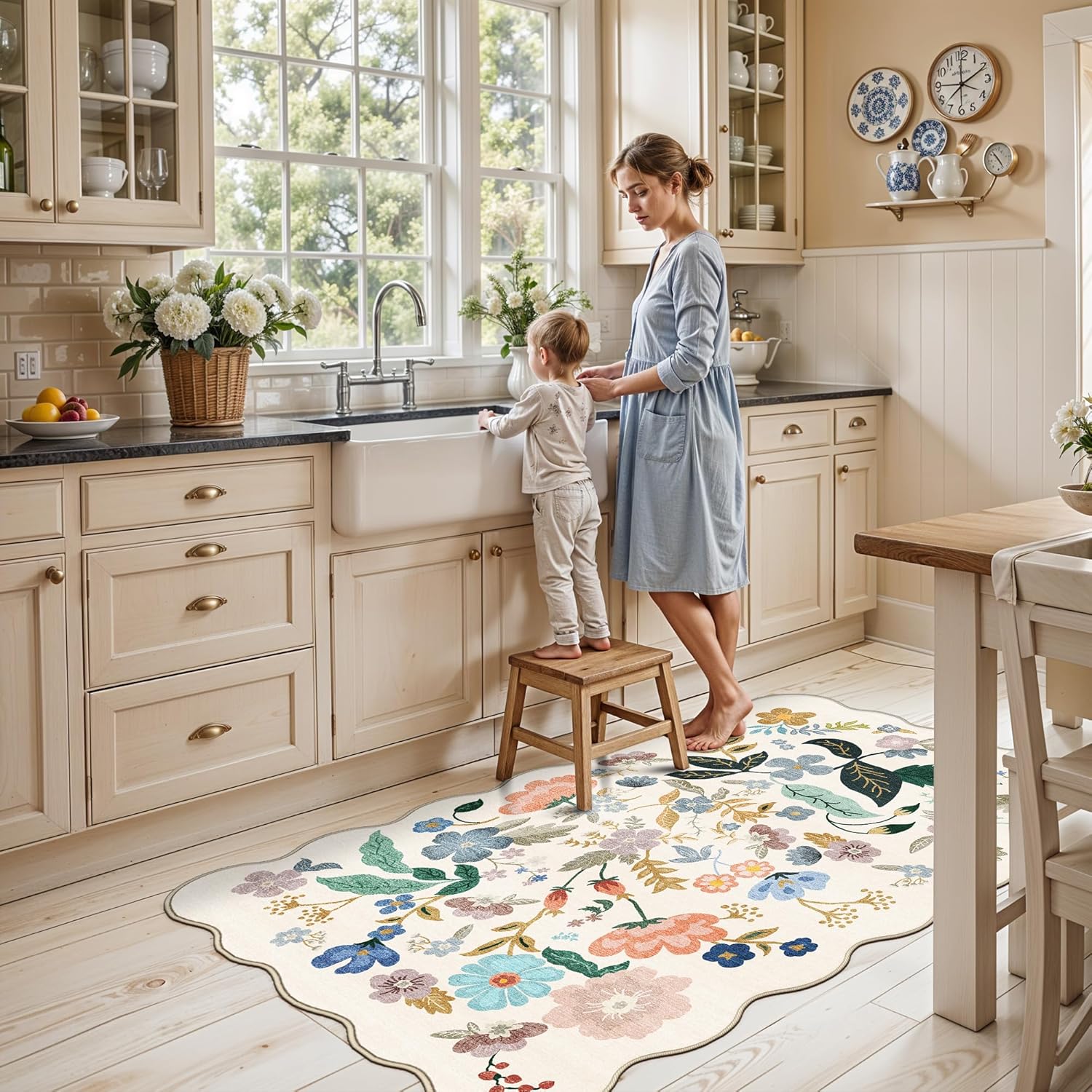 Skiennix Washable 3x5 Area Rug - Ultra Soft Floral Design | Lightweight Anti-Slip Doormat for Indoor Use (Cream)