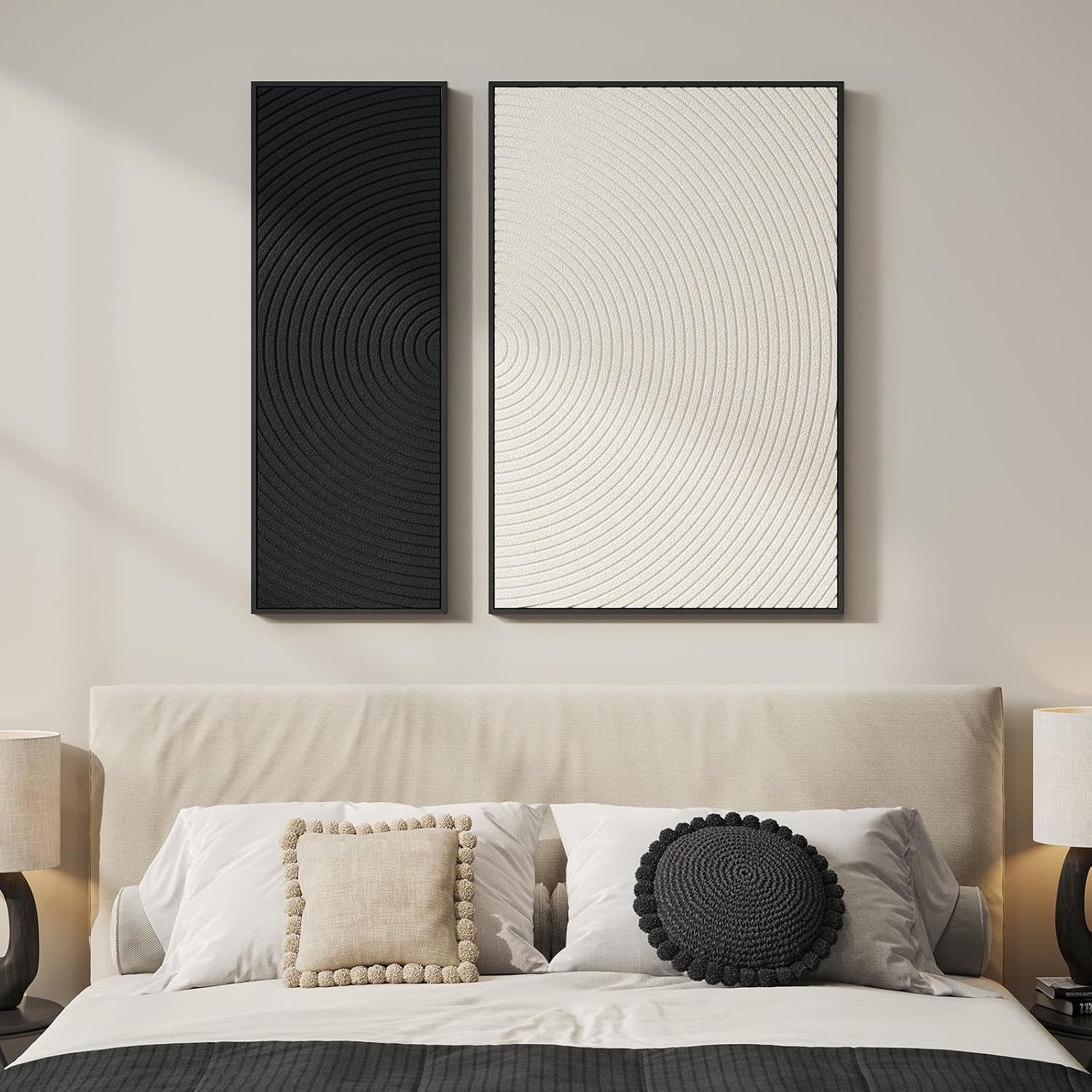 Skiennix 3D Textured Black and White Abstract Wall Art - Modern Minimalist 2-Piece Set for Home Decor