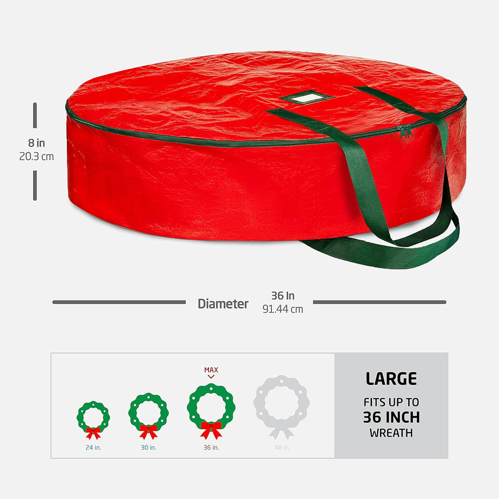 ZOBER Wreath Storage Bag - 36 Inch Durable Container for Artificial Wreaths - Red with Dual Zippers
