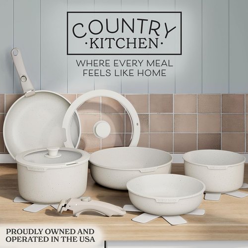 Country Kitchen Cookware Set - Removable Handle, Oven & RV Safe Pots and Pans, Cream Color